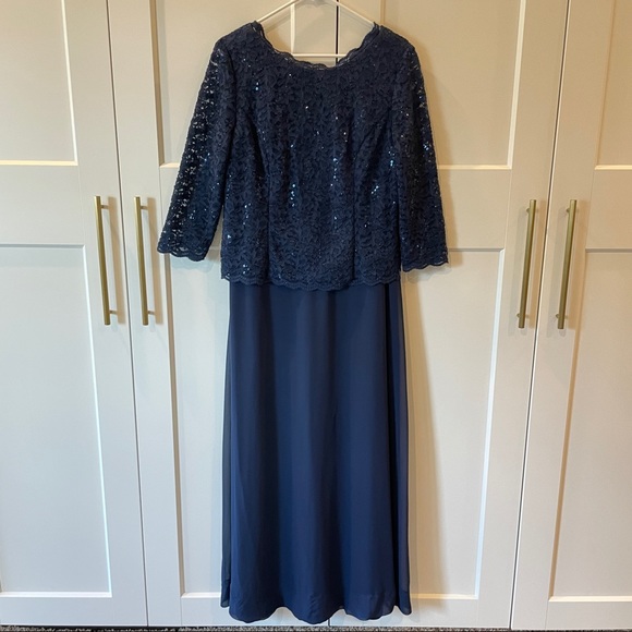 Navy Lace Floor Length Evening Formal Dress - Picture 1 of 6